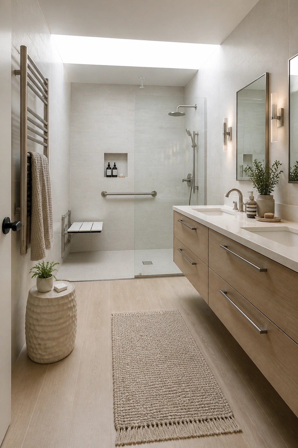 A bright modern bathroom featuring light wood-look vinyl flooring, a glass-enclosed shower, a floating wood vanity, and a beige woven runner rug.