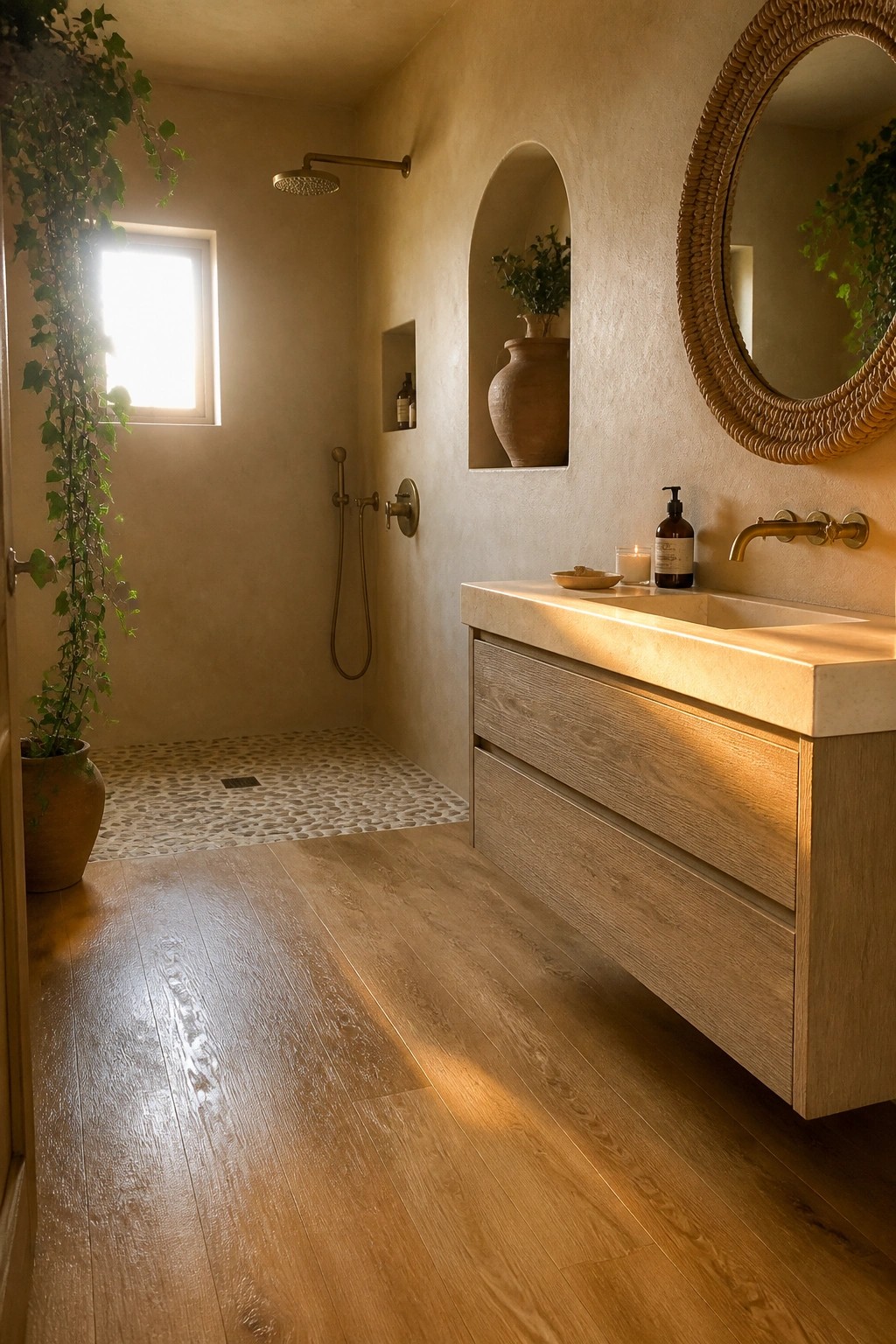 A bathroom with light wood-look vinyl flooring, a floating wood vanity with sink and faucet, and an open shower area with pebble floor and wall niches.