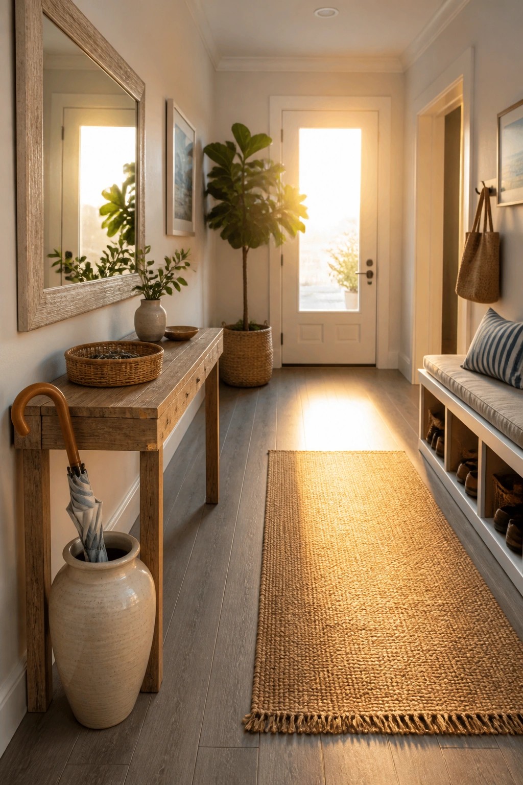 A narrow interior hallway featuring wood-look vinyl flooring, a wooden console table with decor, a large mirror on the left wall, and a white front door at the end.