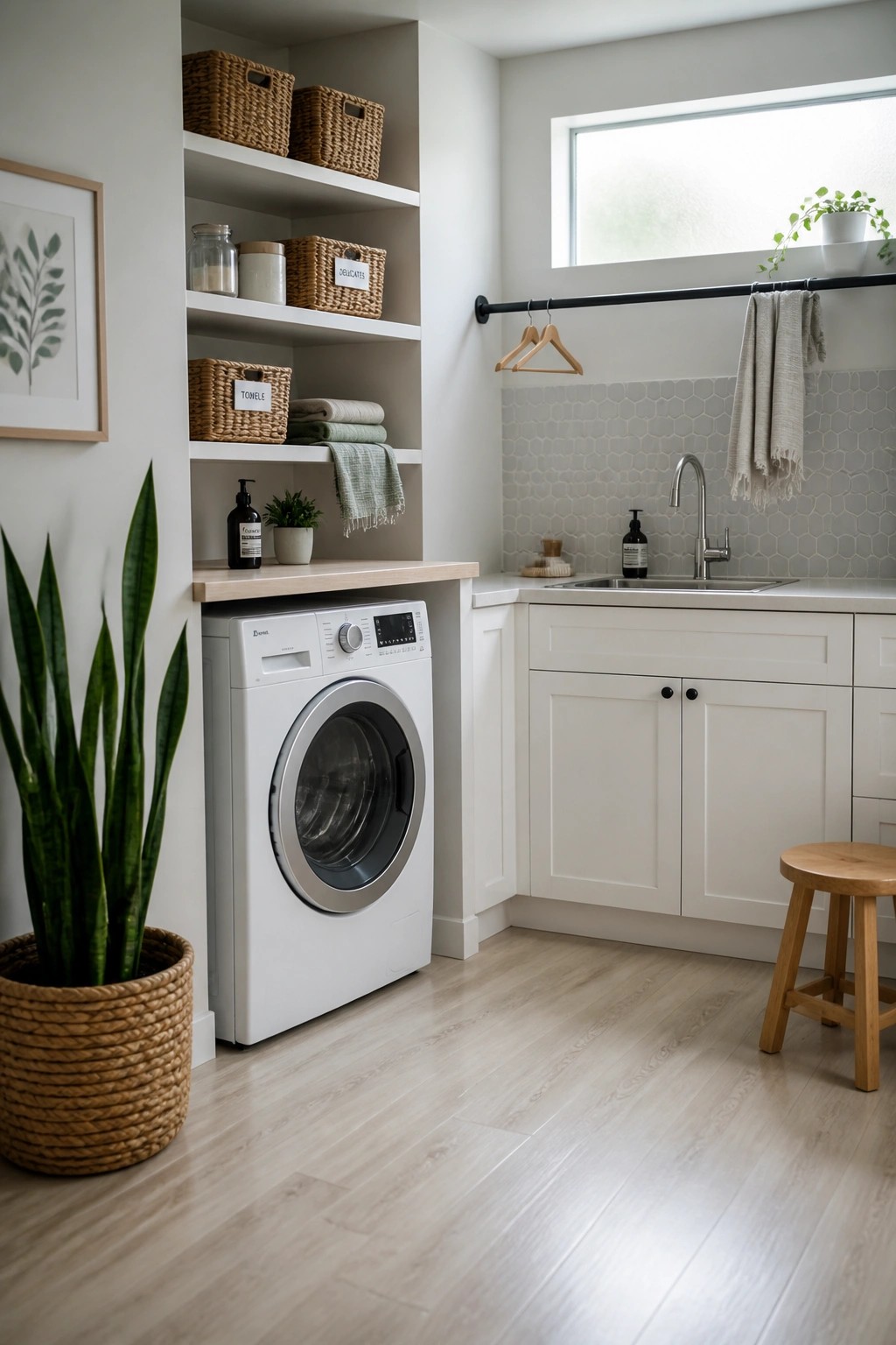 A laundry room with light wood-look vinyl flooring, a front-loading white washer, white cabinets, a sink, open shelving with baskets, and a potted snake plant.