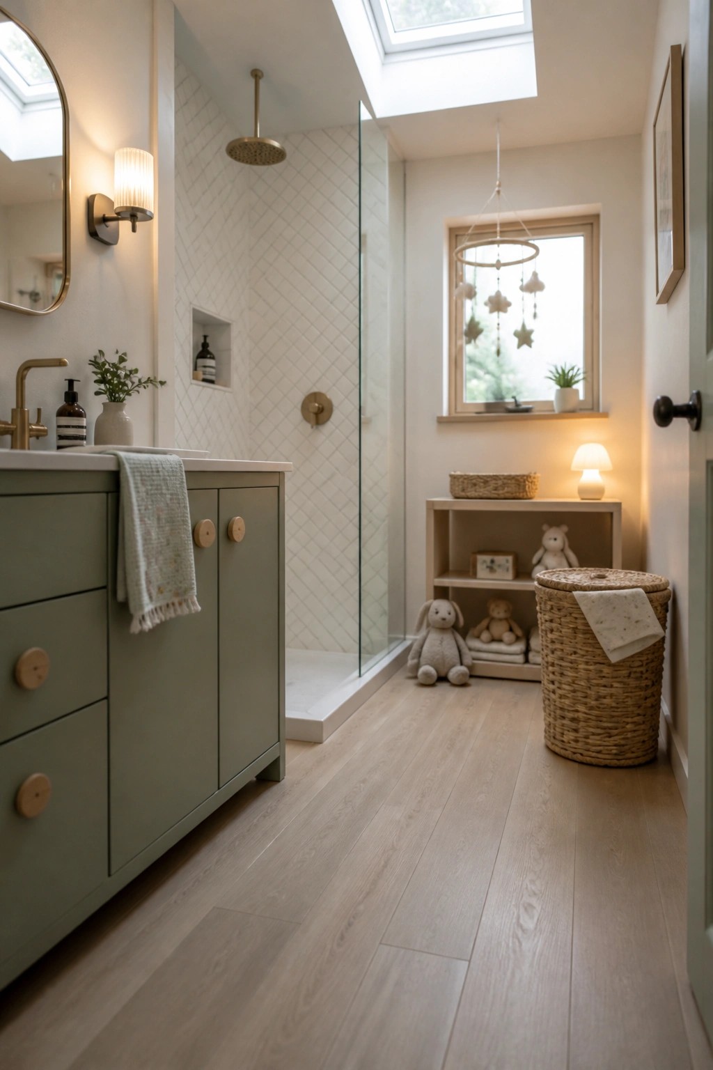 A bathroom interior showing light wood-look vinyl flooring, a sage green vanity with round knobs, and a glass shower with white diamond tiles.