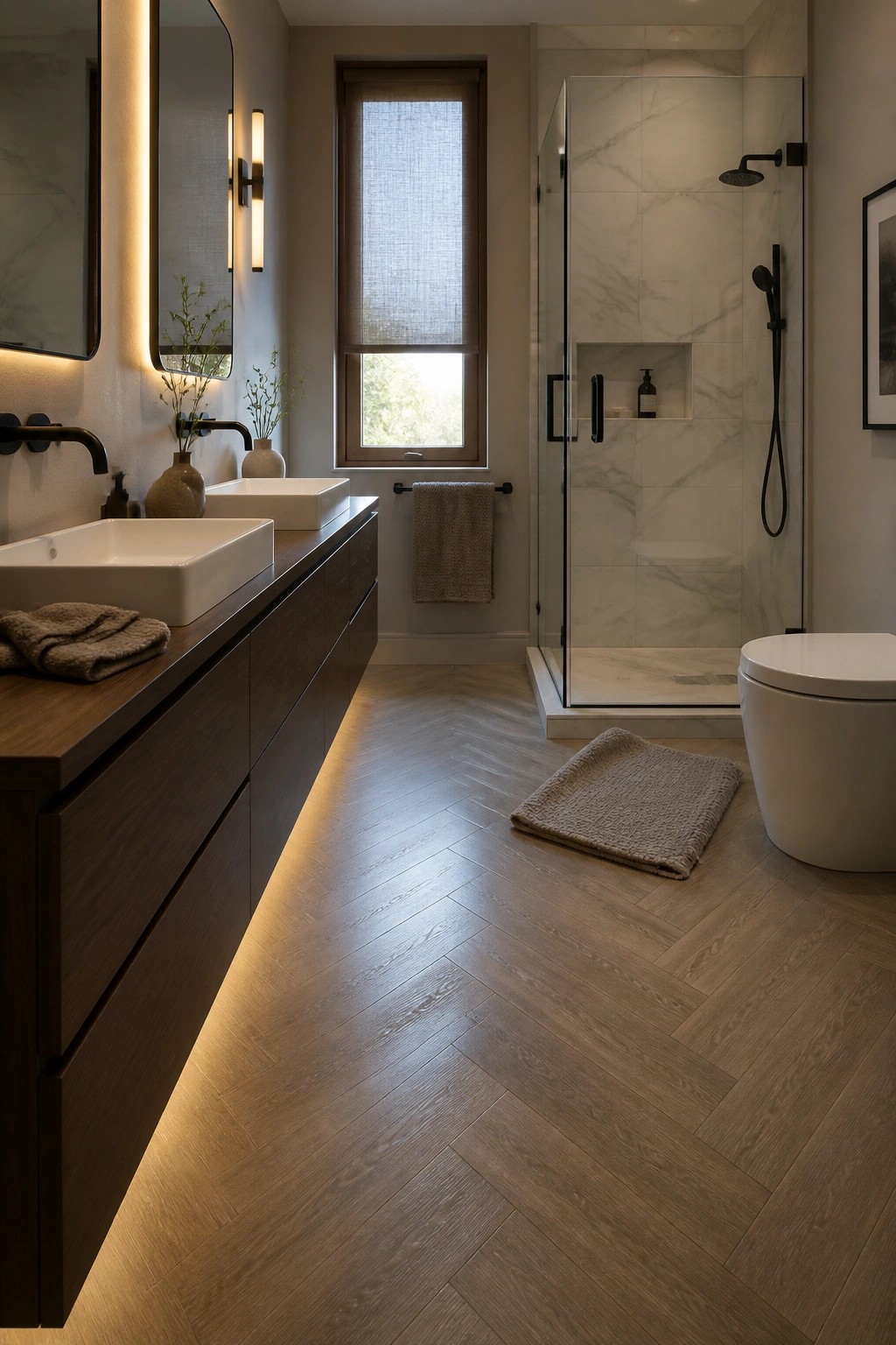 A bathroom with herringbone wood-look vinyl flooring, a dark floating vanity with two white sinks, a glass shower with marble tile, and a white toilet.