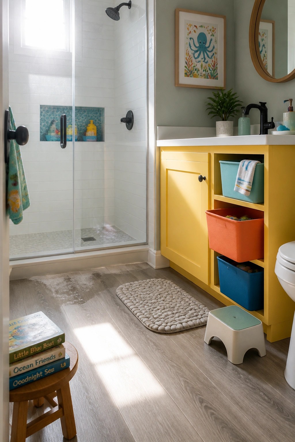 A bathroom with wood-look vinyl flooring, a glass shower, yellow vanity with storage bins, and a small step stool.