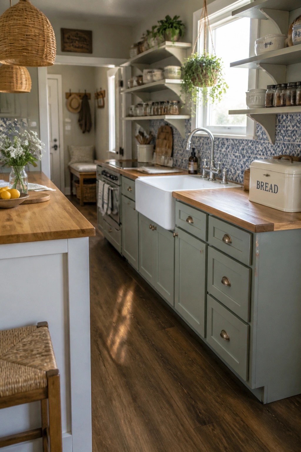 A kitchen interior featuring wood-look vinyl flooring, sage green cabinets, wooden countertops, and a white farmhouse sink.