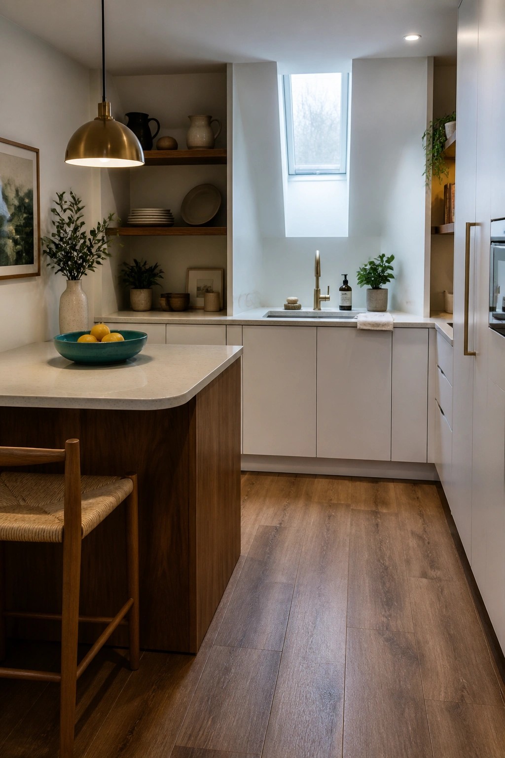 A modern kitchen featuring white cabinets, open wooden shelves, a central island with a teal bowl, and wood-look vinyl flooring throughout the space.