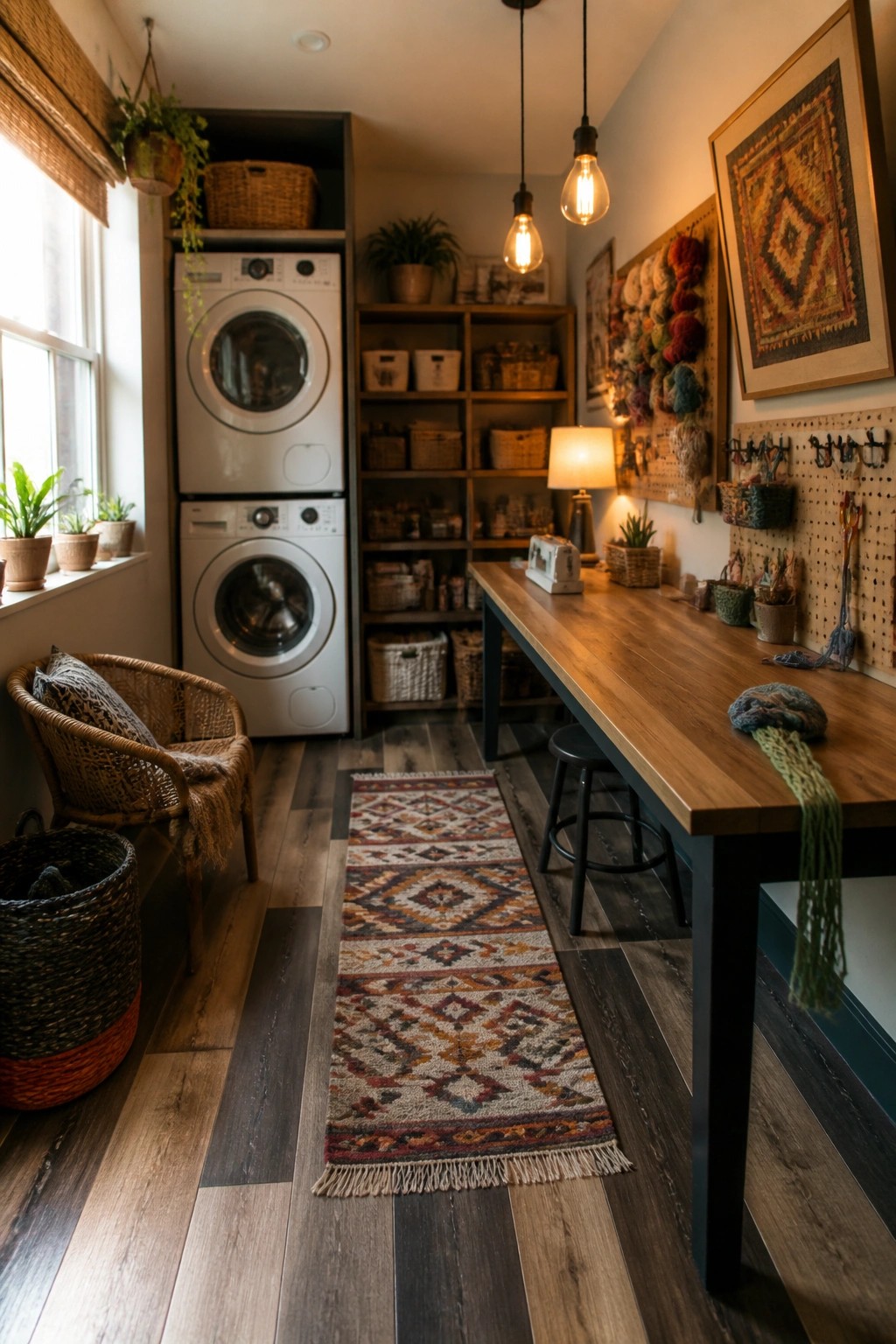 A narrow laundry room featuring stacked white washer and dryer units, wood look vinyl flooring, a long patterned runner rug, and a wooden work table along the right wall.