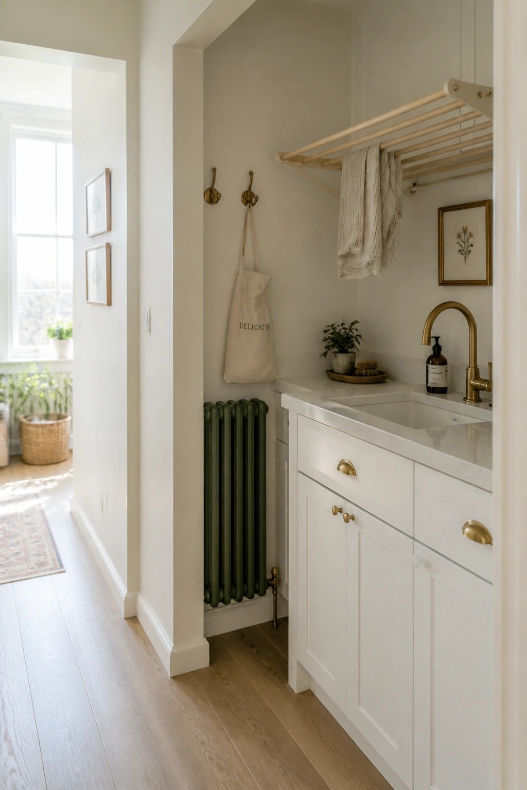 A laundry room with light wood-look vinyl flooring, white cabinets, a sink, and a green radiator visible through an open doorway.