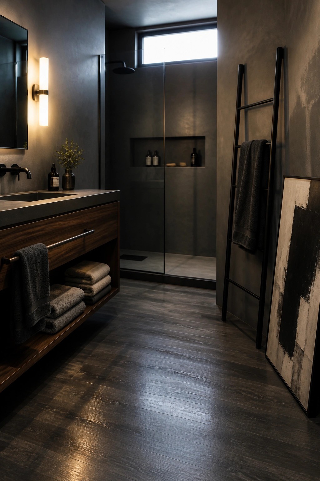 A modern bathroom featuring dark wood-look vinyl flooring, a floating wood vanity with towels, concrete walls, and a glass-enclosed shower.