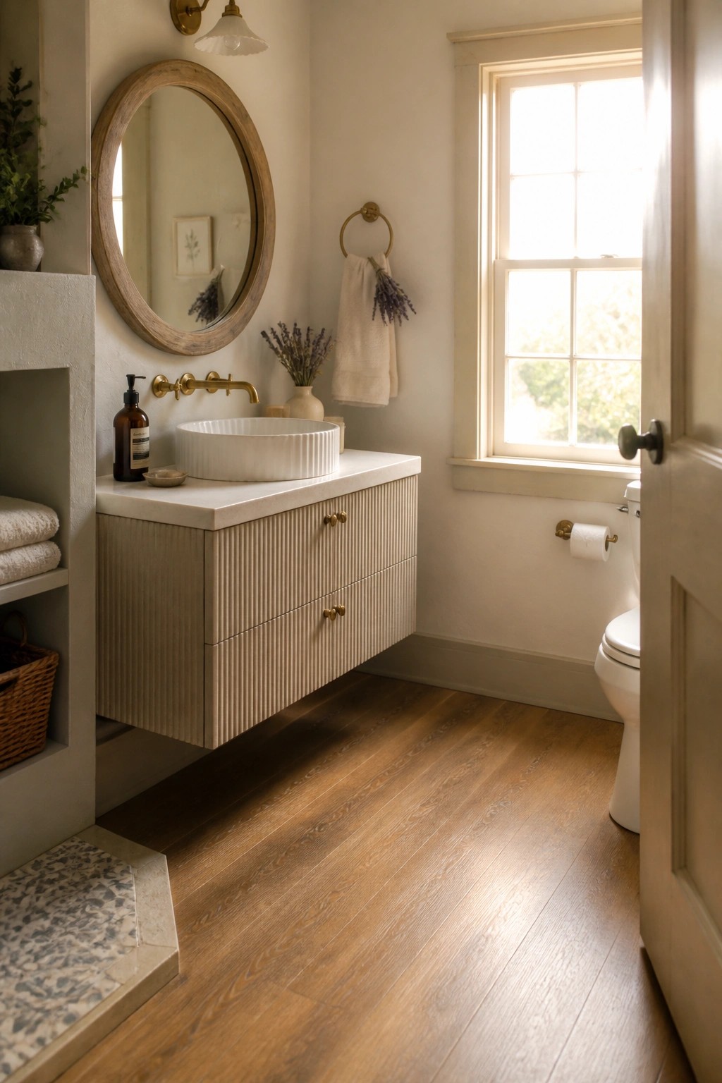 A bathroom with wood-look vinyl flooring, a floating light wood vanity with white sink, round wood mirror, and a window on the right.