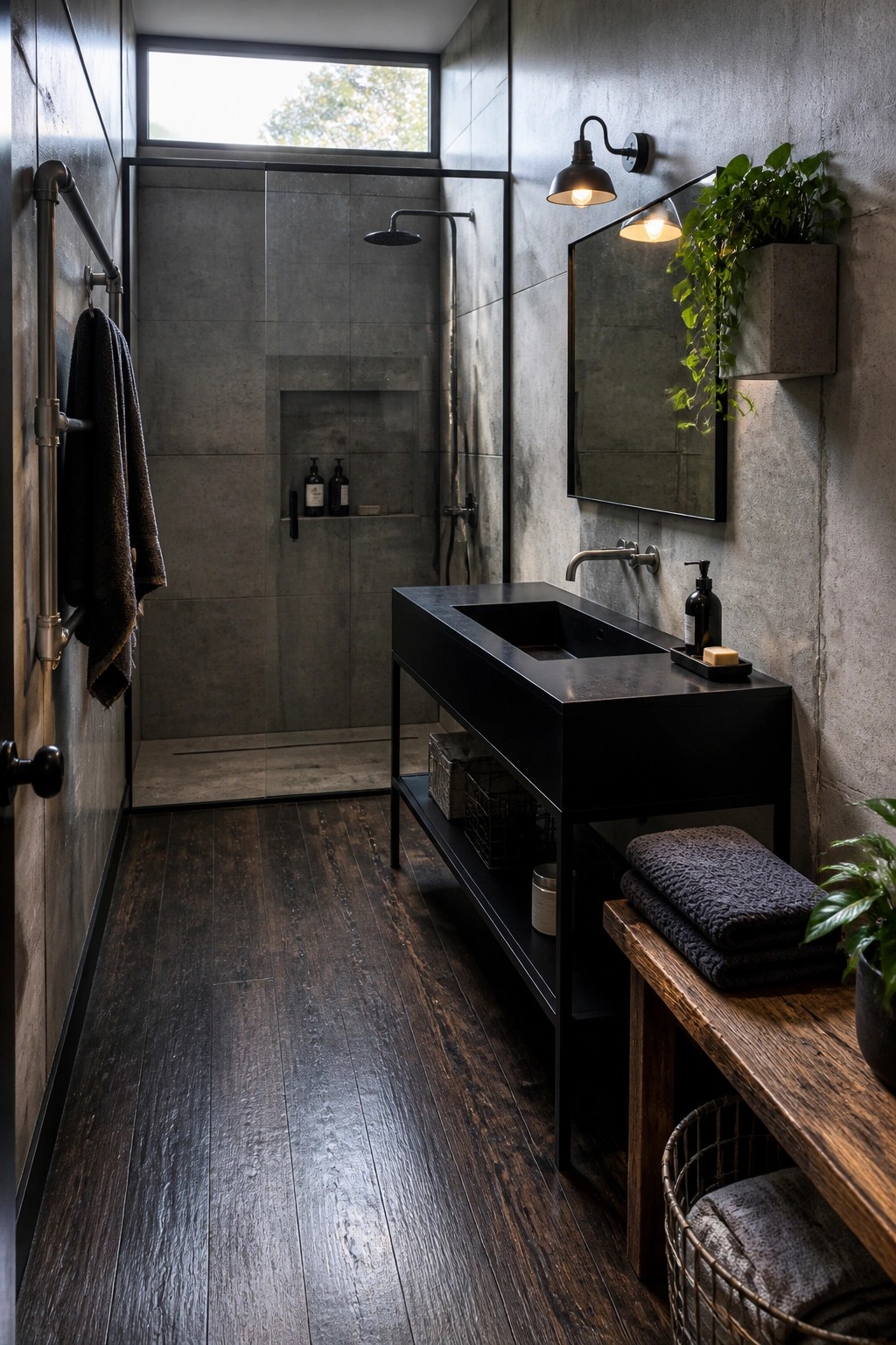 A bathroom interior featuring dark wood-look vinyl flooring, a black floating vanity, concrete walls, and a glass shower enclosure.