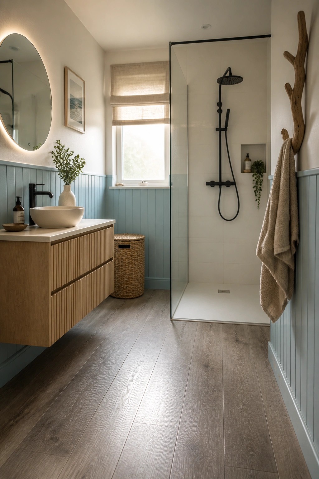 A bathroom interior with gray wood-look vinyl flooring, a floating light wood vanity, light blue wainscoting, and a glass shower enclosure with black fixtures.