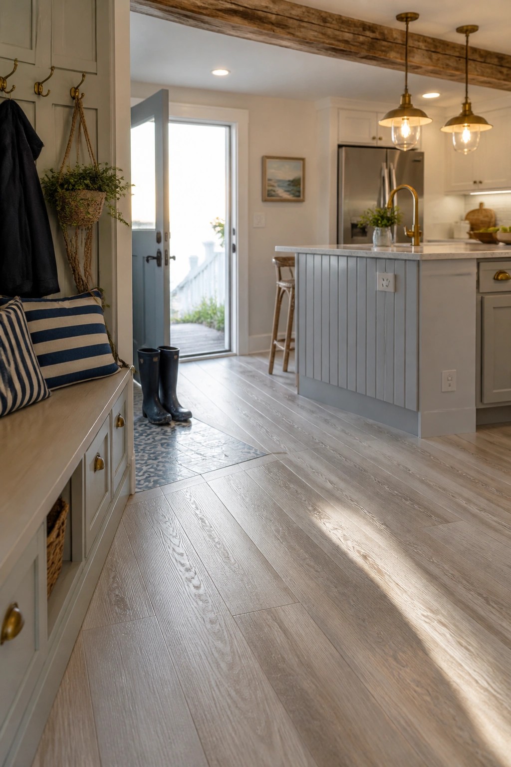 Light wood-look vinyl flooring extends from a kitchen island area through an entryway with blue rain boots on a patterned mat and an open door to the outside.