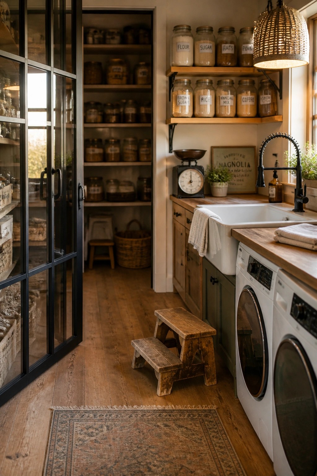 A laundry room interior with wood-look vinyl flooring, a white farmhouse sink, two front-loading washing machines, open wooden shelves with labeled glass jars, and a small wooden step stool.