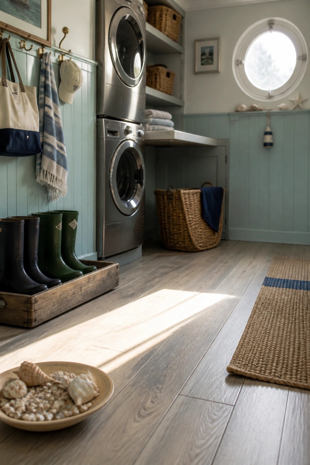 Coastal laundry room with stacked washer dryer, rubber boots, woven rug, and seashells.