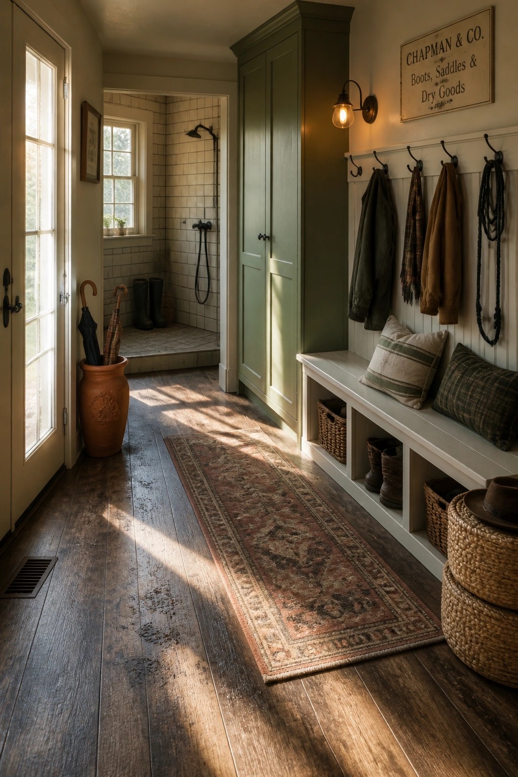 A long interior mudroom hallway with dark wood-look flooring, a patterned runner rug, a white built-in bench with storage cubbies, wall hooks holding coats, and an open view into a white-tiled shower room.