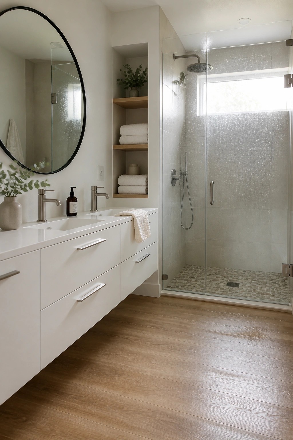 A modern bathroom featuring a white floating vanity with two sinks, a round black-framed mirror, built-in wooden shelves with white towels, and a glass shower enclosure over light wood-look vinyl flooring.