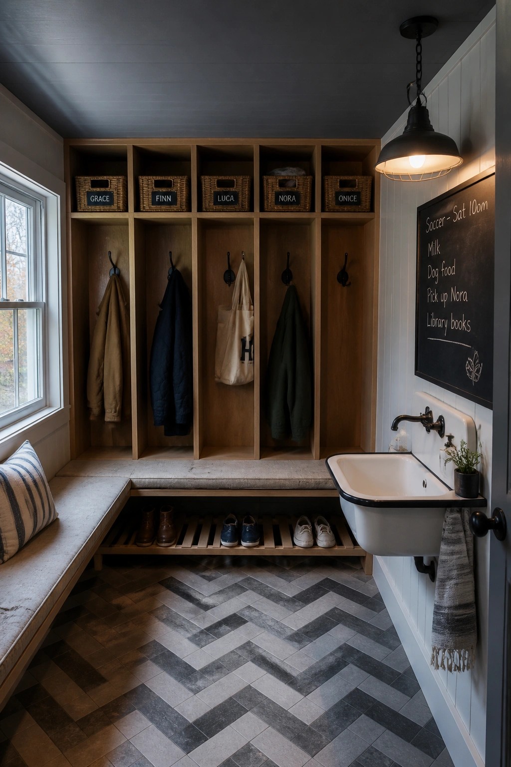 A mudroom with a dark painted plywood ceiling, built-in cubbies, a bench, a sink, and herringbone tile flooring.