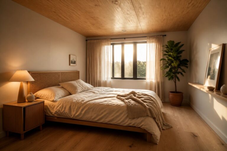 A bedroom with a light plywood ceiling, a bed with white linens, a wooden nightstand, and a window with sheer curtains.