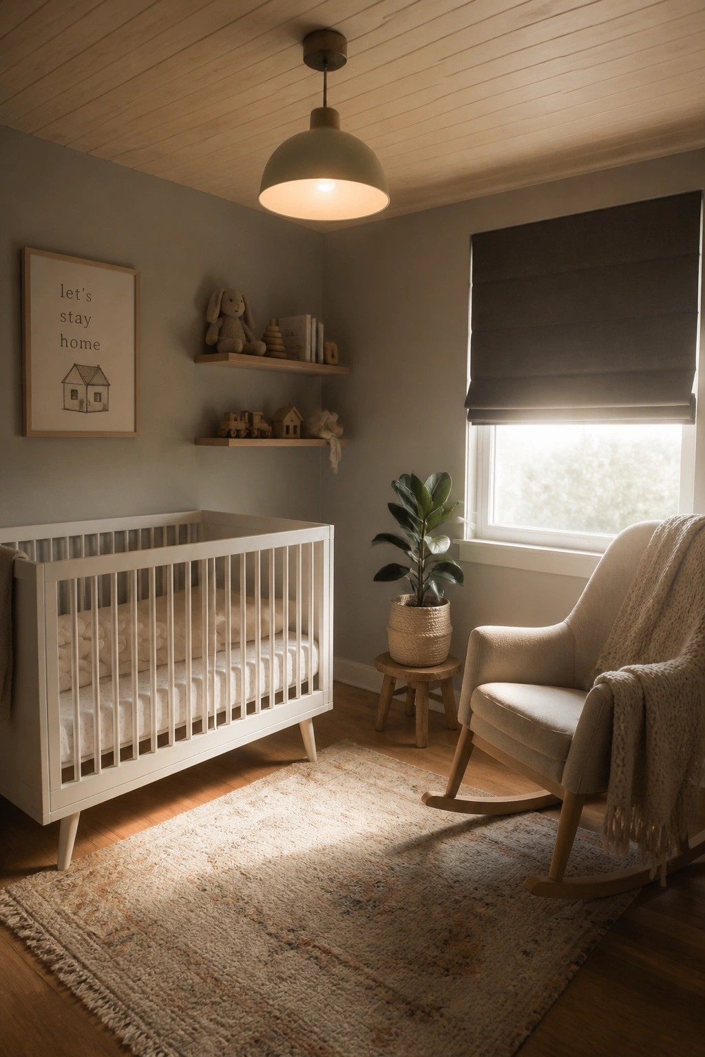 Cozy neutral nursery with white crib, rocking chair, toy shelves, and sunlit window.