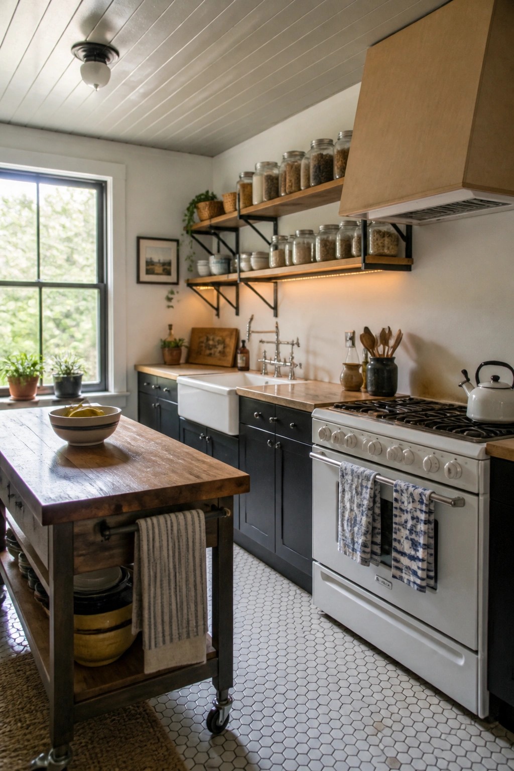 A kitchen interior showing white painted plywood ceiling planks, black lower cabinets, open wooden shelves, a white farmhouse sink, and a wooden rolling island.