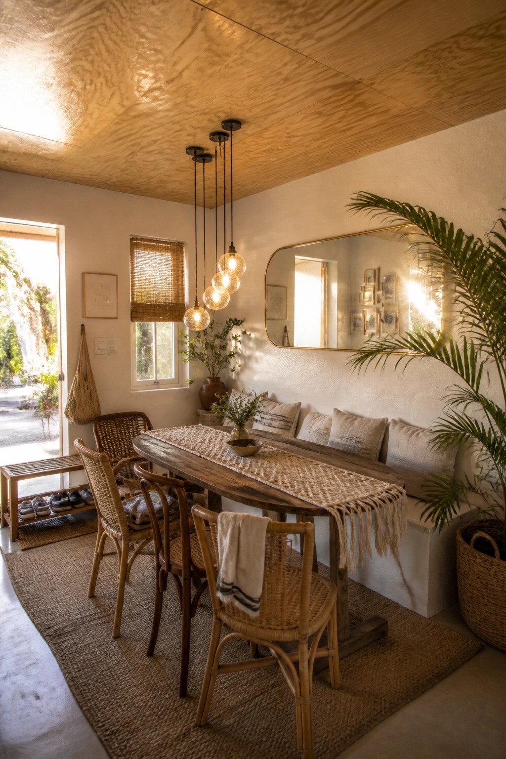 A dining room interior featuring a plywood ceiling, wooden dining table with woven chairs, and a built-in bench with cushions along one wall.