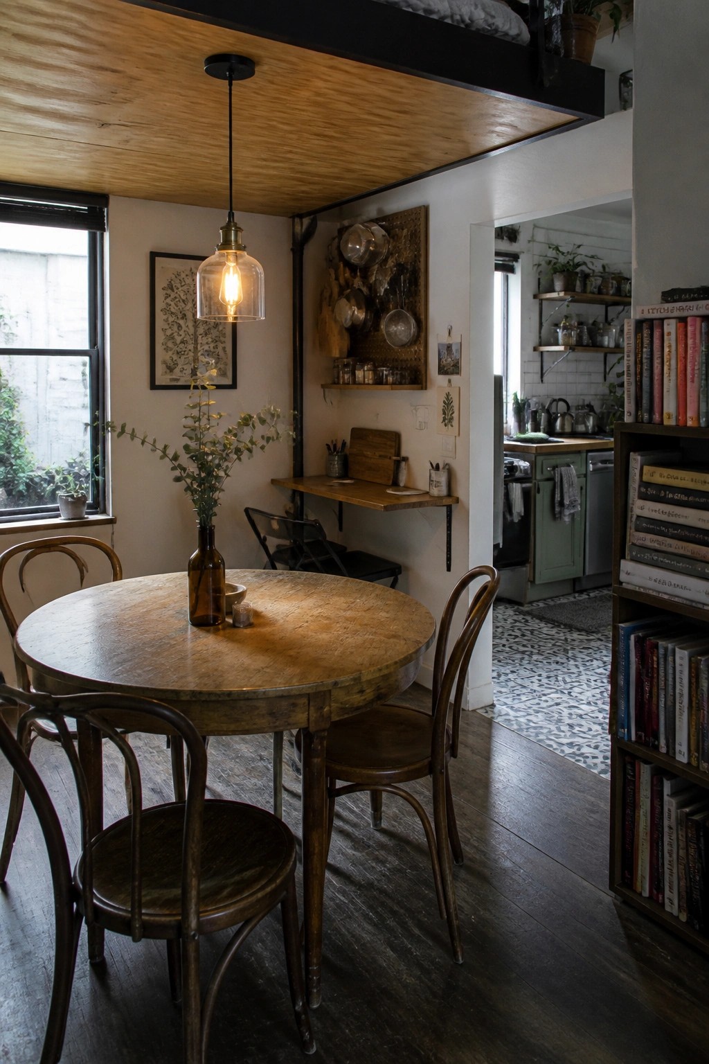 Interior view of a dining area with a round wooden table, chairs, hanging light, and visible plywood ceiling.