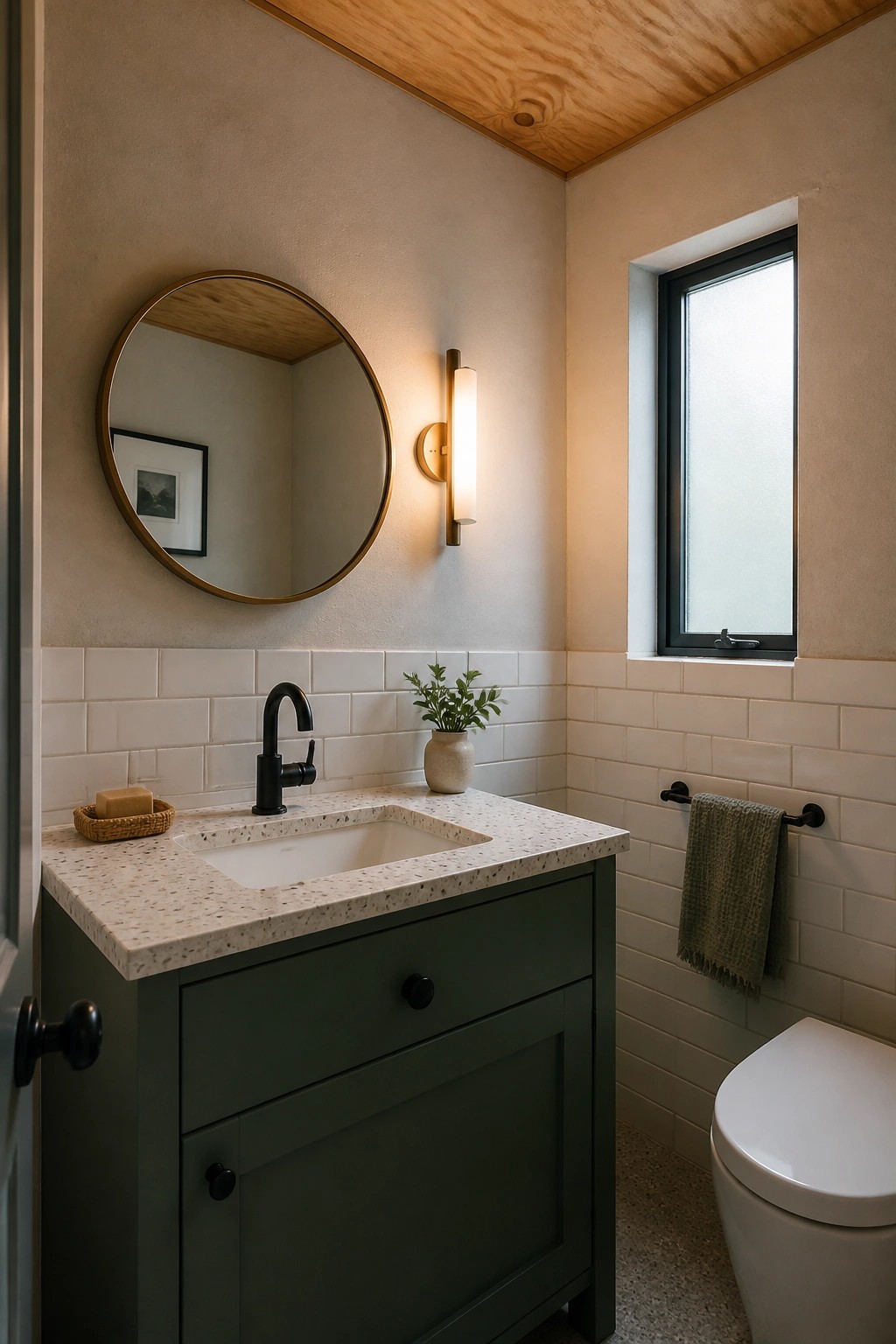 Bathroom interior with a plywood ceiling, round mirror over a dark green vanity, black faucet, and a window on the right wall.