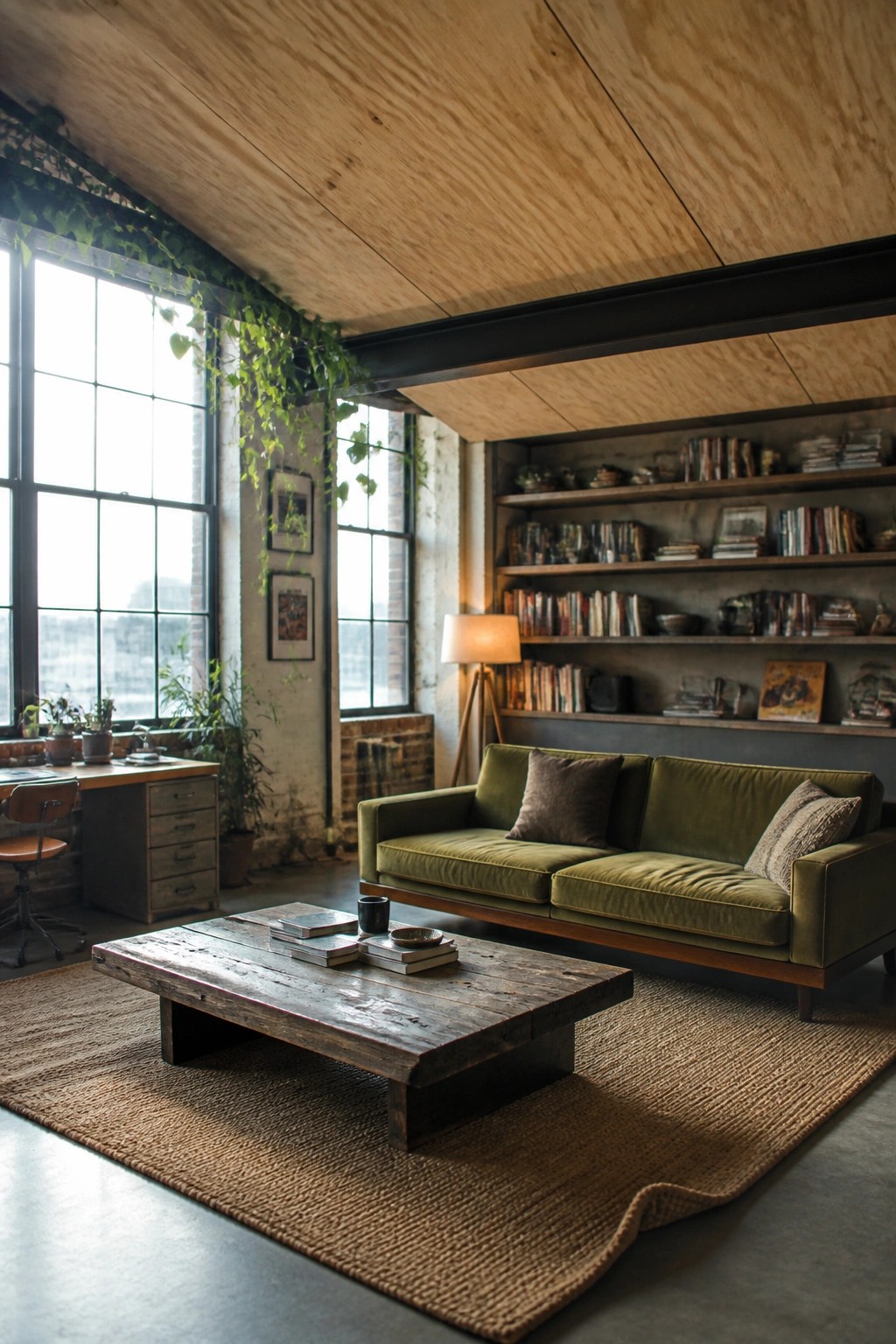 A spacious living room with an exposed plywood ceiling, green velvet sofa, rustic wooden coffee table on a jute rug, built-in bookshelves, and large grid windows with hanging plants.