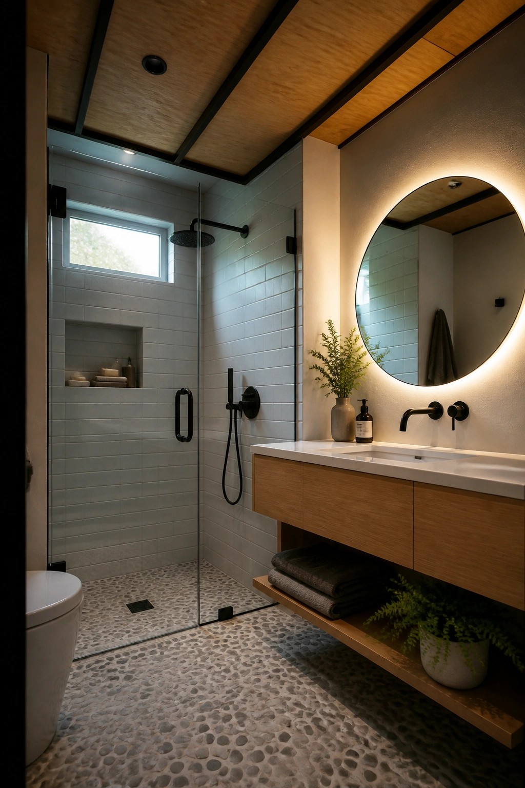 A bathroom with a plywood ceiling, white tiled shower walls, a floating wooden vanity, round backlit mirror, and pebble stone floor.