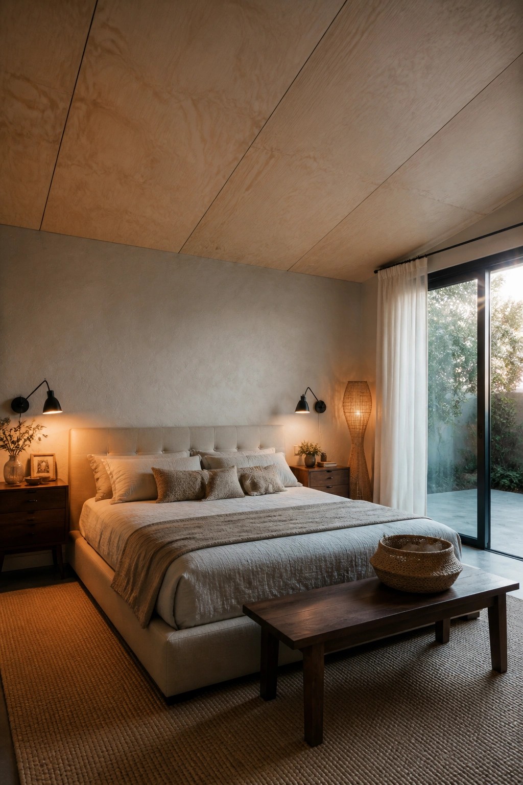 A bedroom featuring a light plywood ceiling, neutral walls, a large upholstered bed with layered linens, wooden nightstands, wall sconces, and a woven bench at the foot of the bed.