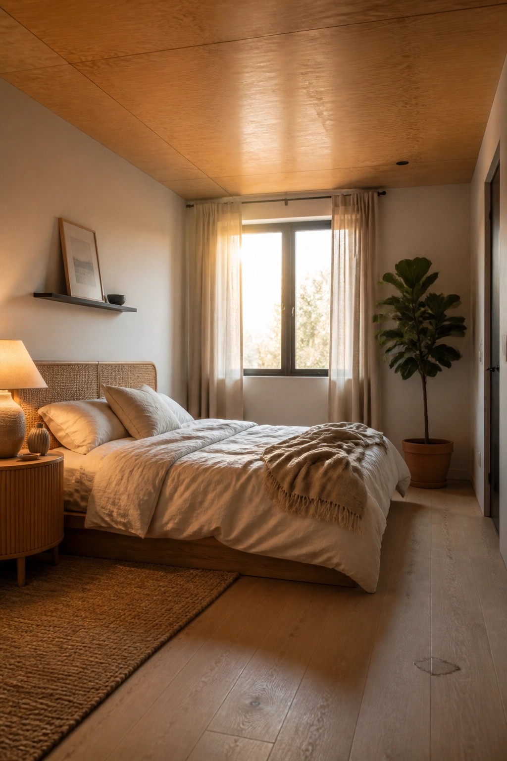 A bedroom with a light plywood ceiling, a bed with white linens, a wooden nightstand, and a window with sheer curtains.