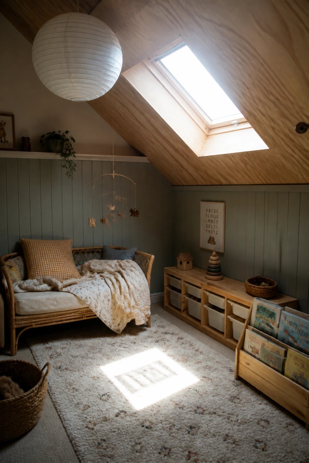 An attic room with a sloped plywood ceiling, a skylight, a woven daybed, and wooden storage along the wall.