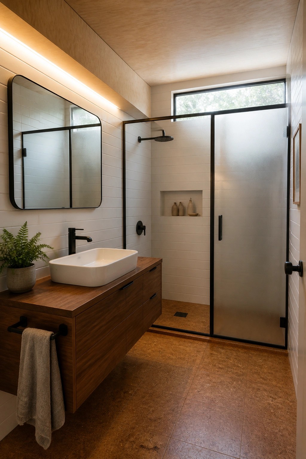A modern bathroom with a light plywood ceiling, white subway tile walls, a floating wood vanity with a white vessel sink, and a black-framed glass shower.