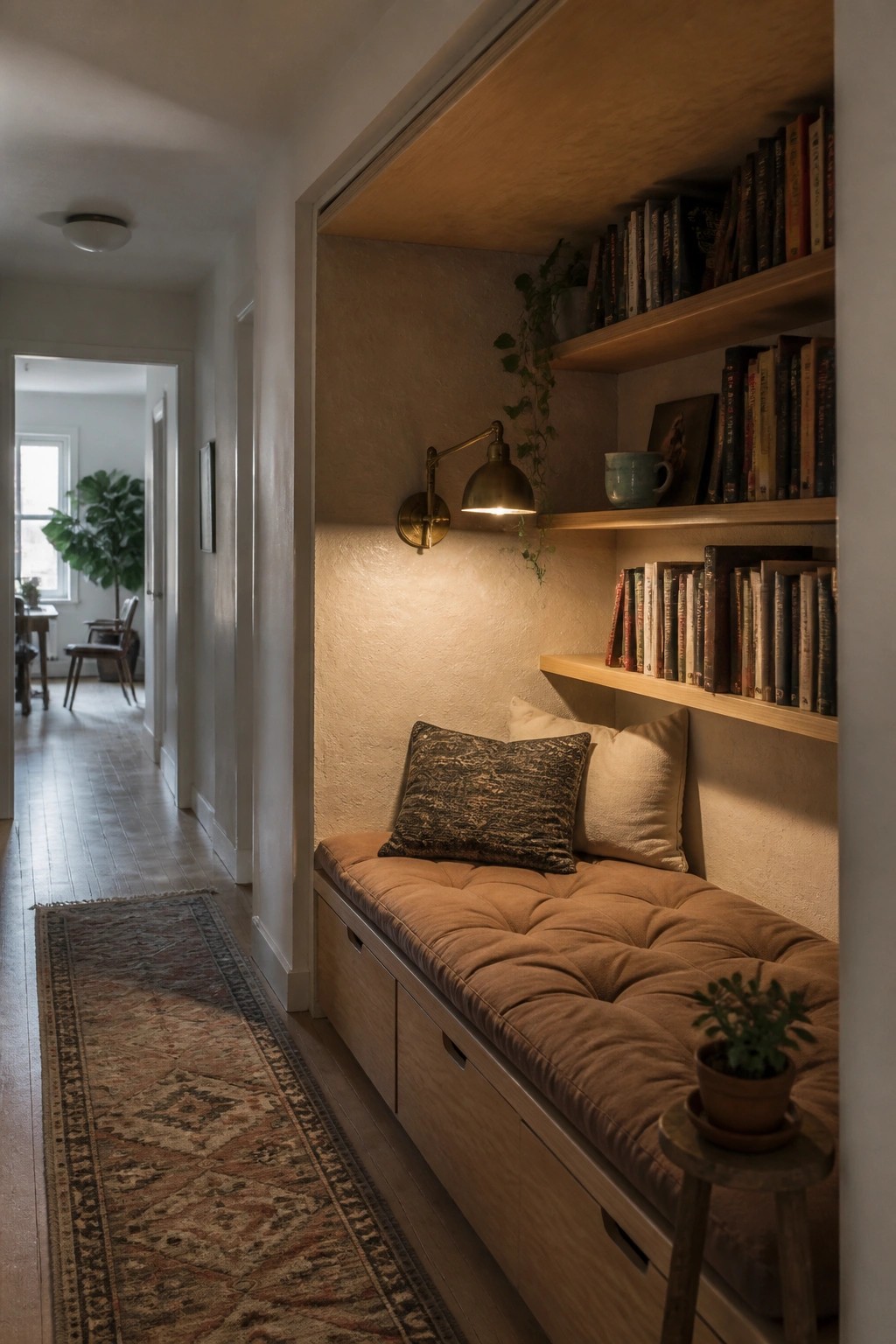 A built-in wooden bench with storage drawers sits in an alcove beneath plywood ceiling panels, with bookshelves above and a wall sconce providing light.