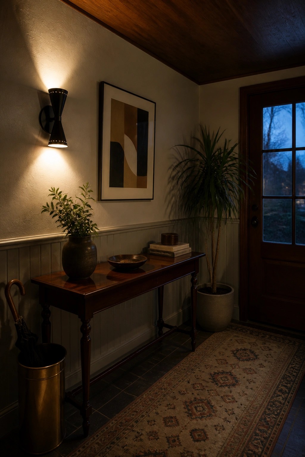 An interior entryway with a dark plywood ceiling, a wooden console table against the wall, a wall sconce, a potted plant, and a rug in front of a wooden door.