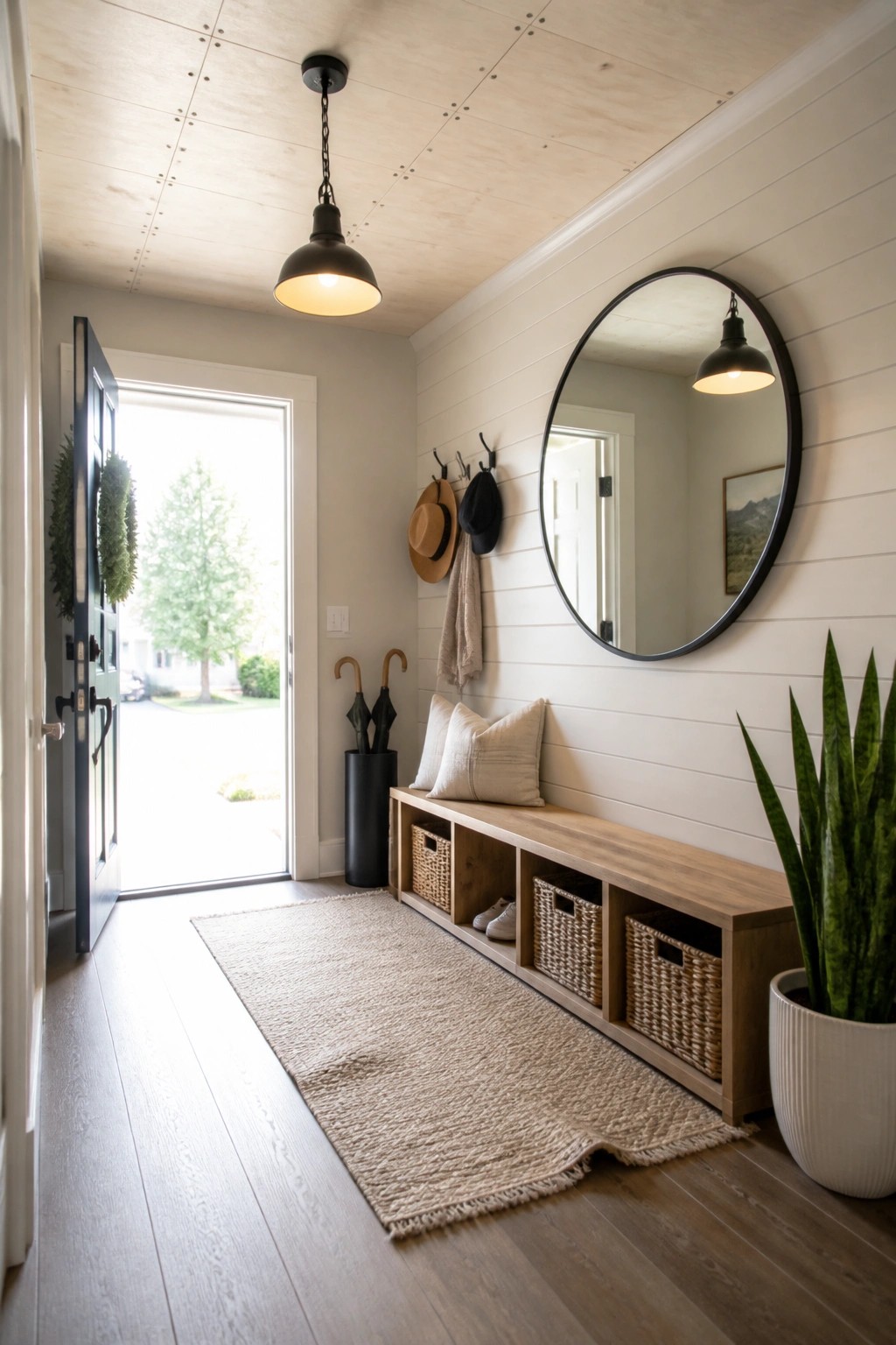 An interior entryway featuring a light wood plywood ceiling, white walls, a wooden storage bench, and a round mirror on the wall.