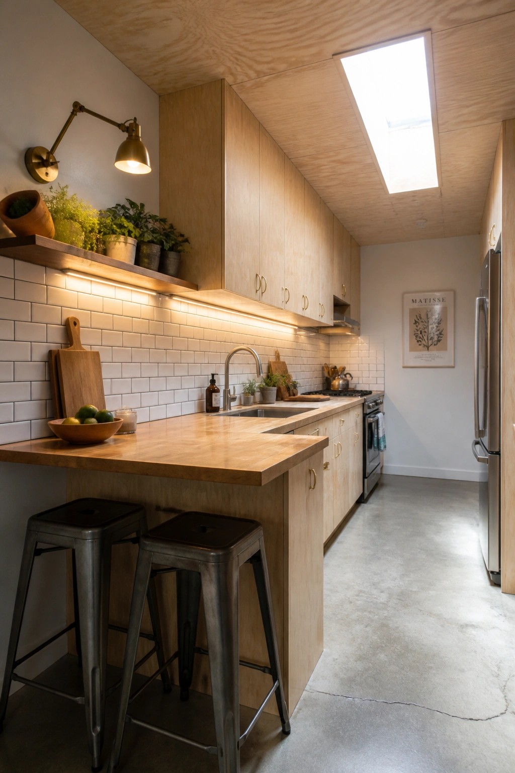 A kitchen interior with light plywood ceiling, wood cabinets, white tile backsplash, wooden island, and two metal stools.