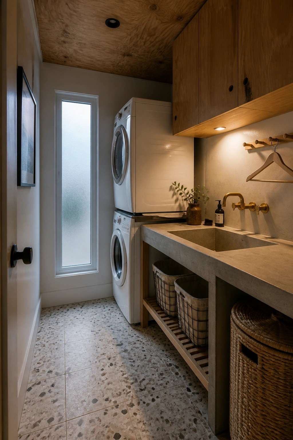 A laundry room with white stacked washer and dryer, concrete counter, and visible plywood ceiling panels.