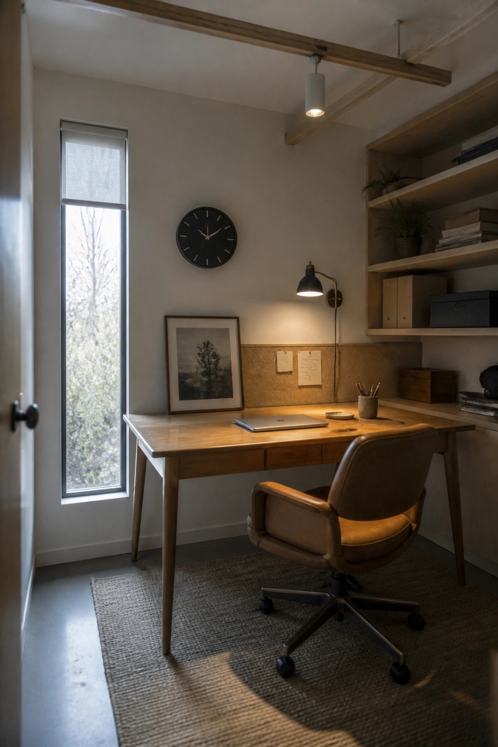 A home office with a wooden desk, leather chair, and exposed wooden ceiling beams over a light plywood ceiling.