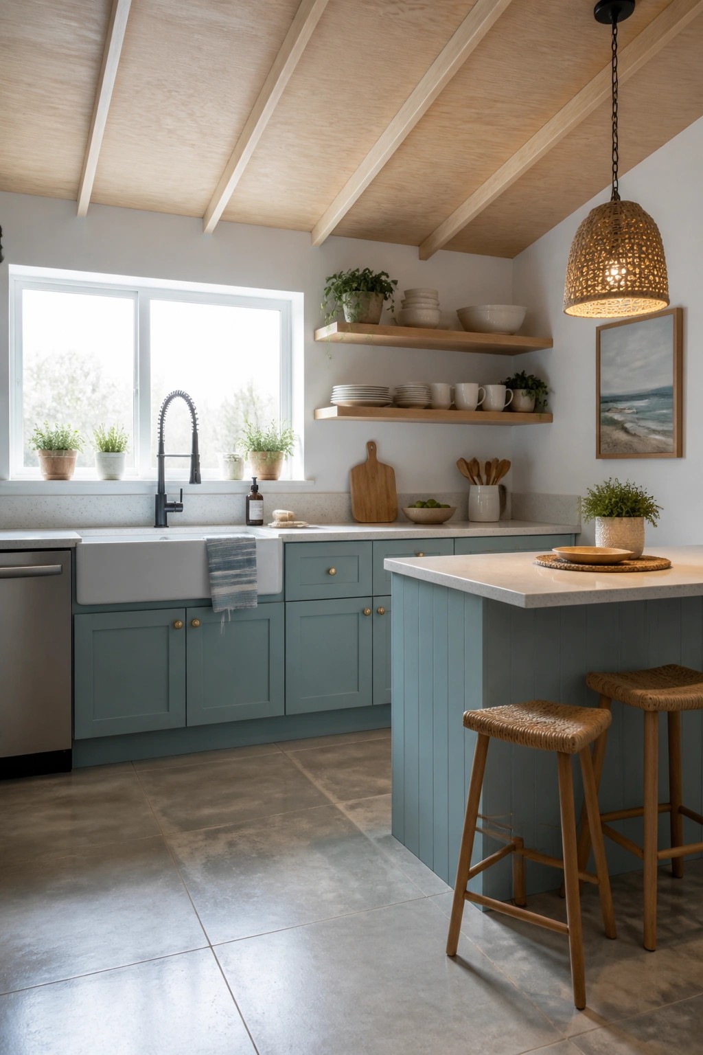 A kitchen interior with light blue lower cabinets, a white farmhouse sink under a window, wooden floating shelves, two woven bar stools at an island, and a plywood ceiling with exposed beams.