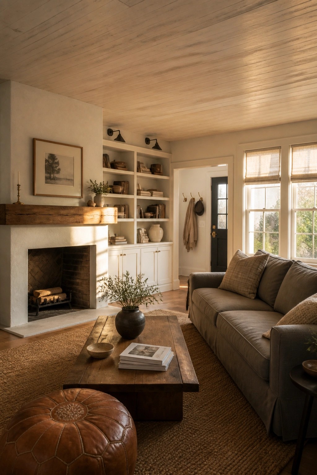 A living room with a light wood plank ceiling, white fireplace, built-in bookshelves, gray sofa, and wooden coffee table on a woven rug.