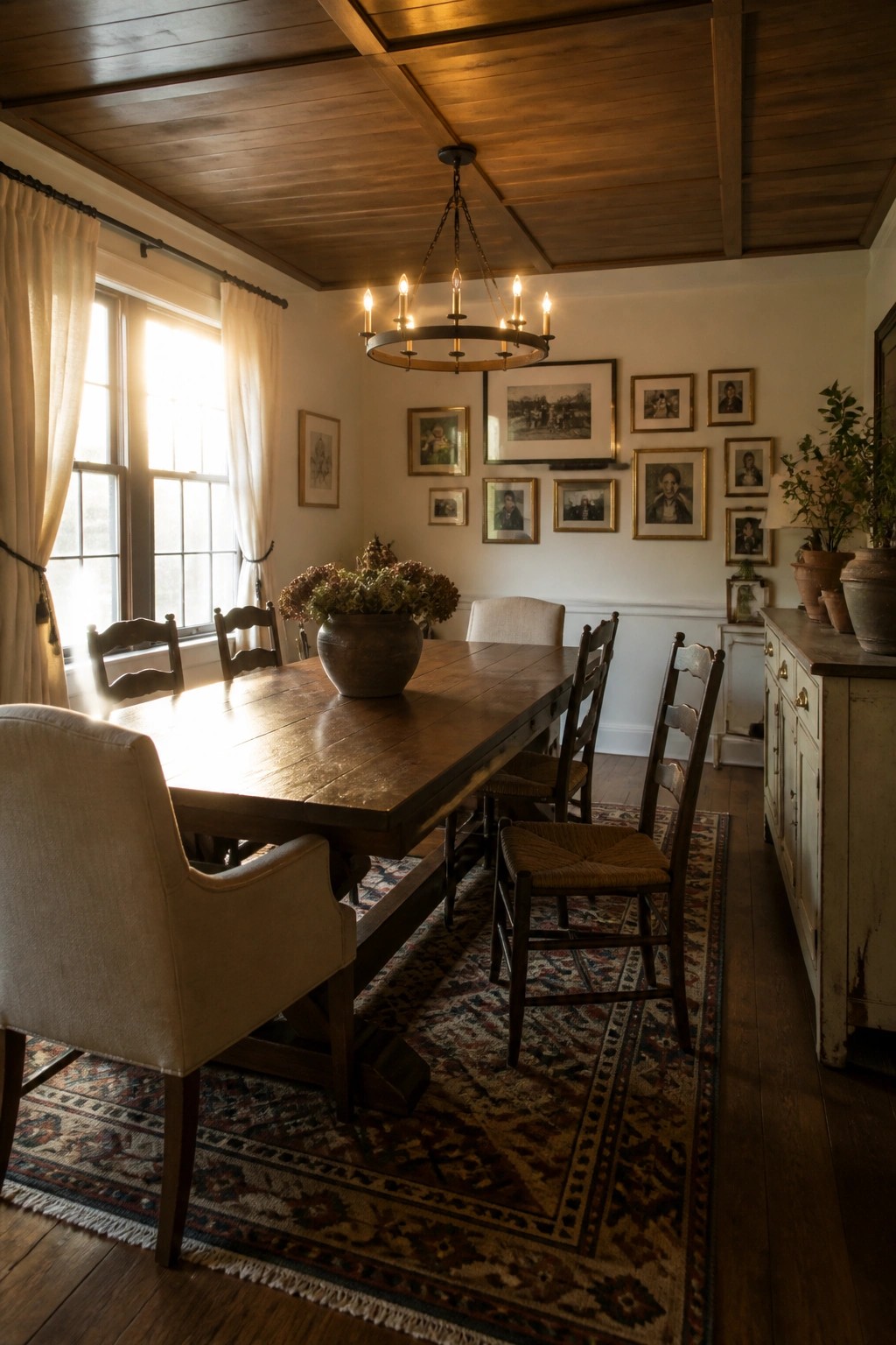 A dining room featuring a wooden plank ceiling, a long wooden table with chairs, and a collection of framed pictures on the wall.