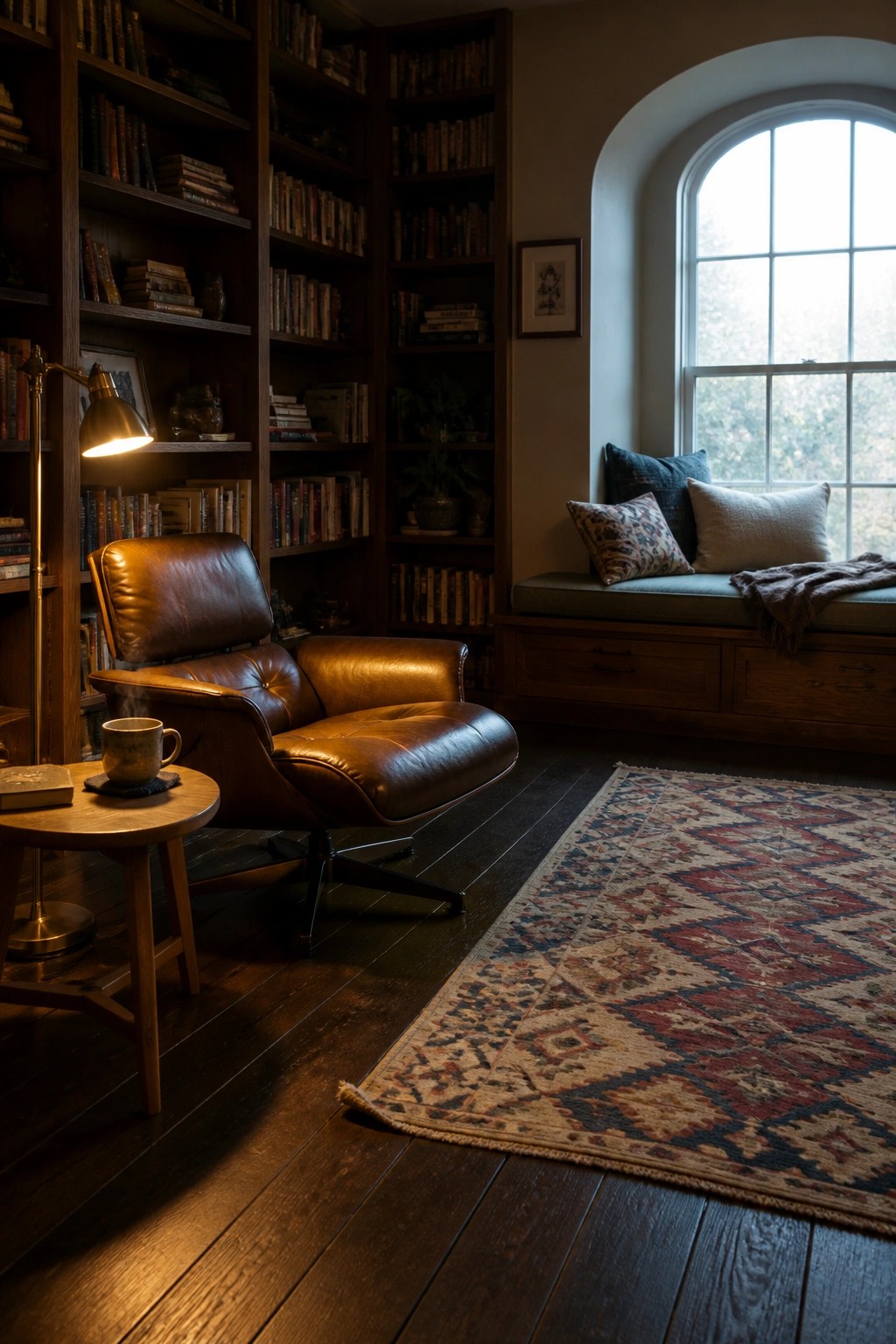 Leather recliner in wood-paneled library with arched window and oriental rug