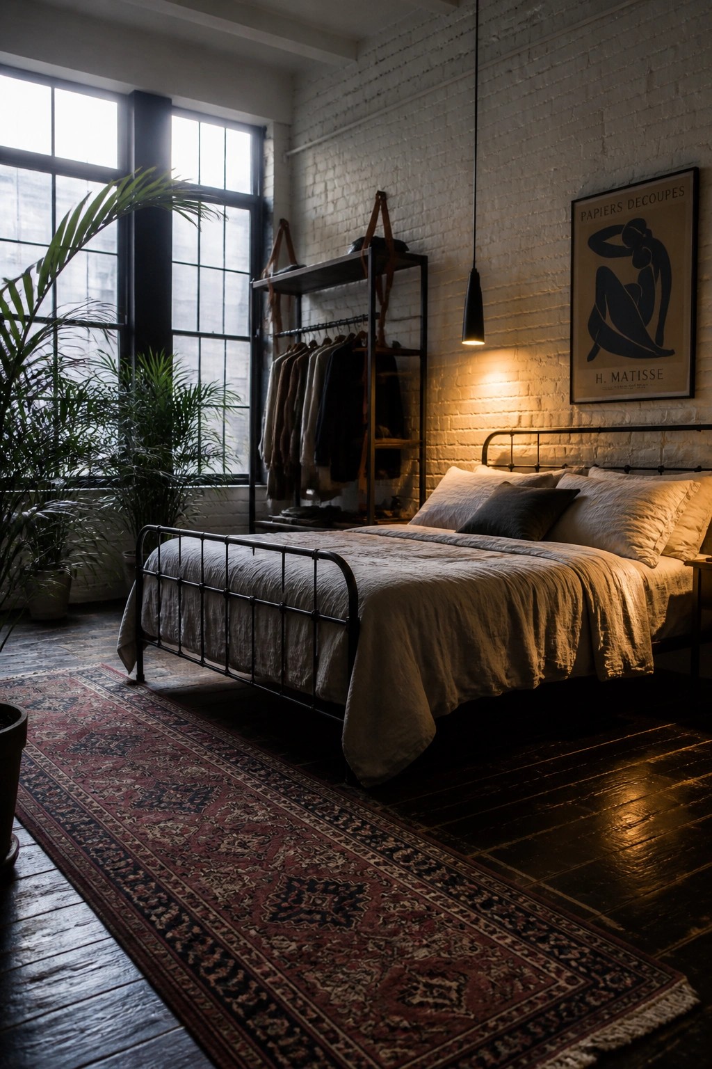 A bedroom with dark wood floors partially covered by a large patterned red and blue rug, a black metal bed with light linens, white brick walls, and large windows.