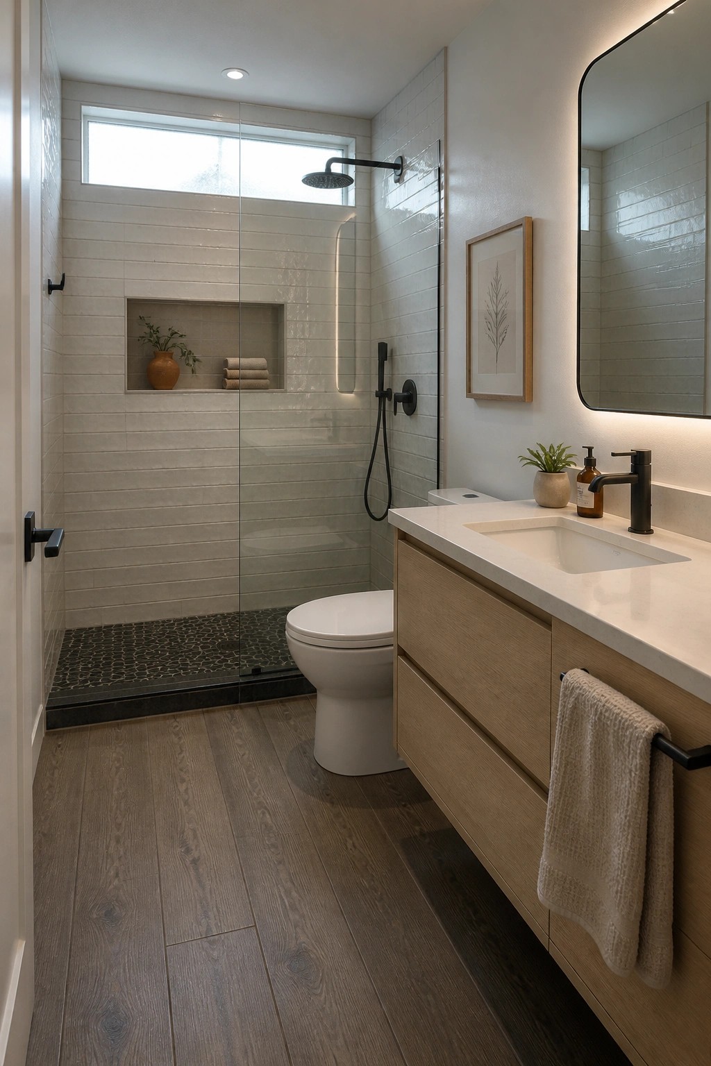 A bathroom with dark wood flooring, a glass shower with light tiles, a white toilet, and a light wood vanity with white countertop.