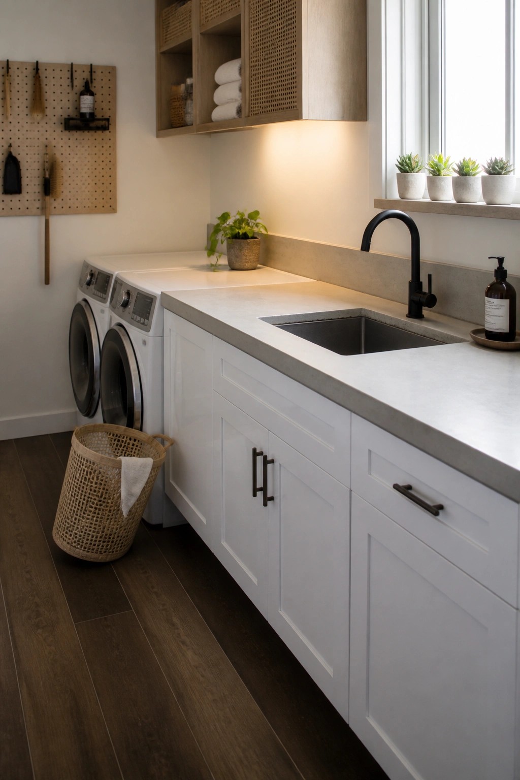 Laundry room with white shaker cabinets, gray countertop, black faucet, two front-loading washers, and dark wood flooring.