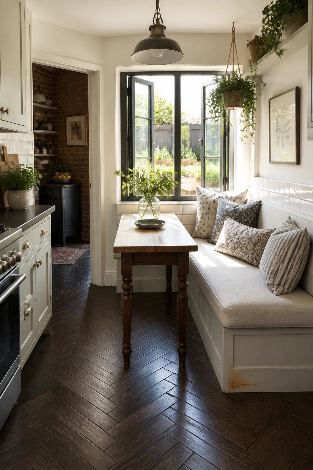 Rustic kitchen nook with wooden table, cushioned bench, and large open windows