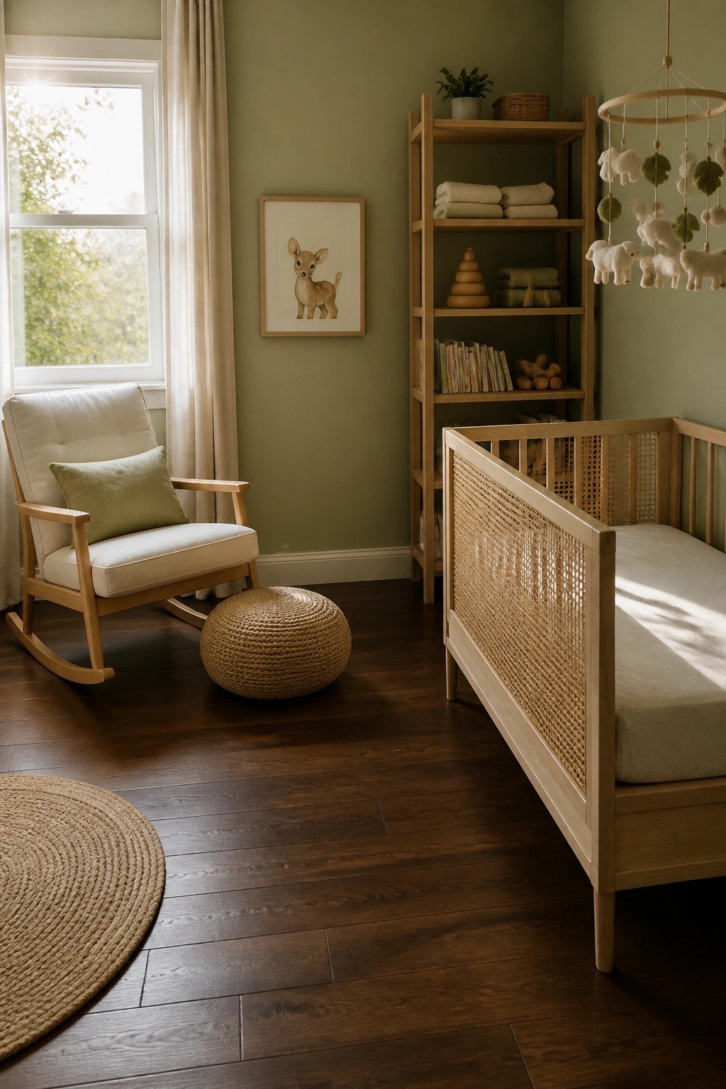 A nursery with dark hardwood flooring, a light wood crib with cane panels, a rocking chair, a woven pouf, and a tall wooden bookshelf against sage green walls.