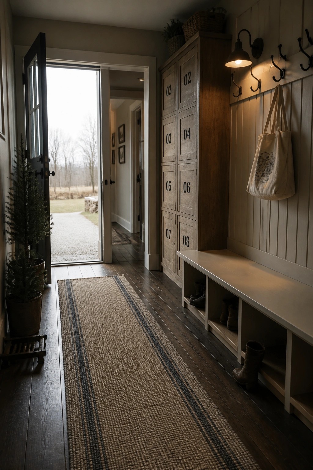 Rustic mudroom with numbered lockers, bench, boots, tote bag, and open door.