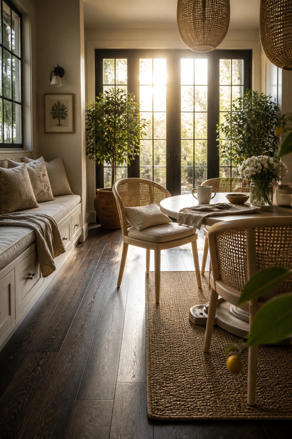 A bright dining space with dark wood flooring, light woven chairs, a round table, and large glass doors with sunlight coming through.